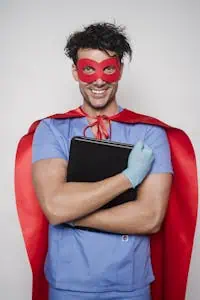 Cheerful man doctor in superhero costume with mask and cape standing with folder with documents and looking at camera against light wall