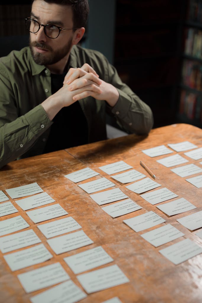 Man concentrating on organizing script cards on wooden table, symbolizing creative work and screenwriting.